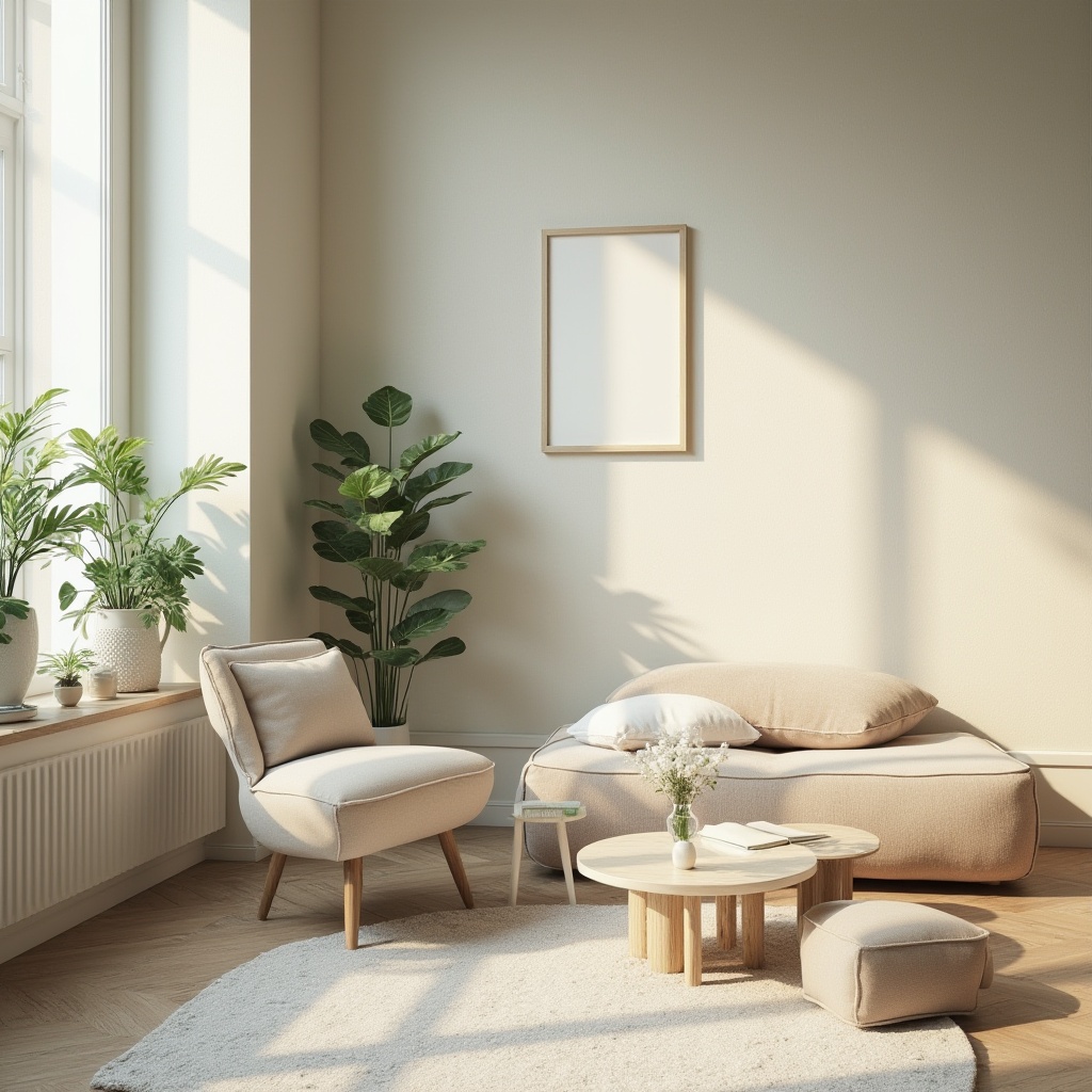 Prompt: Pastel-hued walls, soft creamy whites, warm beige tones, rich wood accents, calming blue undertones, gentle greenery, natural stone textures, minimalist decor, Scandinavian-inspired design, cozy ambient lighting, shallow depth of field, 1/2 composition, realistic renderings, subtle color gradations.