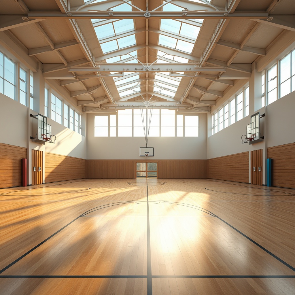 Prompt: Spacious gymnasium interior, high ceilings, clerestory windows, natural light pouring in, bright airy atmosphere, polished wood flooring, basketball court markings, sports equipment, minimalist decor, modern architectural design, large skylights, translucent roofing materials, diffused sunlight, soft warm illumination, shallow depth of field, 1/1 composition, realistic textures, ambient occlusion.