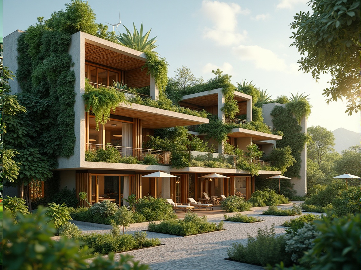 Prompt: Eco-friendly hotel facade, living green walls, recycled materials, solar panels, wind turbines, rainwater harvesting systems, organic gardens, composting facilities, natural ventilation systems, energy-efficient lighting, minimalist decor, reclaimed wood furniture, low-flow showerheads, dual-flush toilets, bamboo flooring, circular economy principles, zero-waste policy, biophilic design, seamless indoor-outdoor transitions, abundant natural light, soft warm ambiance, shallow depth of field, 3/4 composition, panoramic view, realistic textures, ambient occlusion.