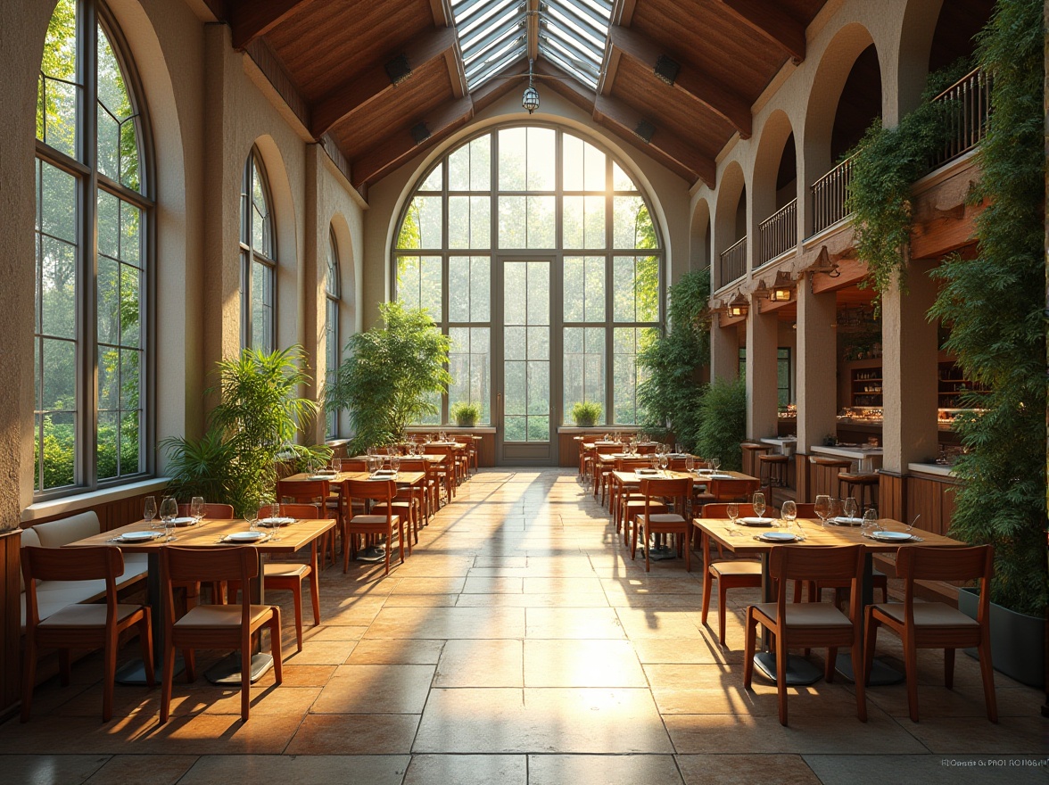 Prompt: Spacious dining hall, high ceilings, large windows, skylights, clerestory windows, natural stone floors, wooden tables, comfortable chairs, greenery walls, living plants, soft warm lighting, morning sunlight, afternoon ambiance, shallow depth of field, 1/2 composition, realistic textures, ambient occlusion.