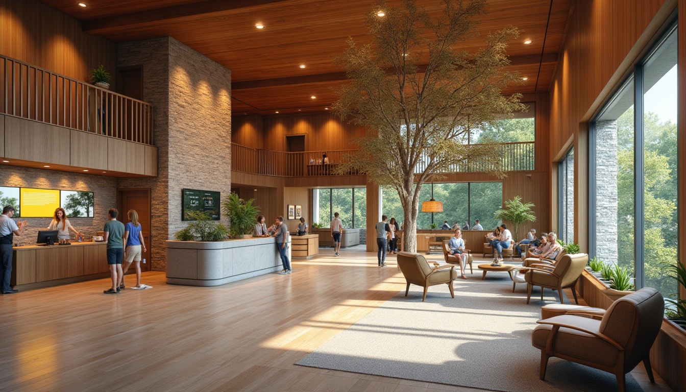 Prompt: Welcoming visitor center, natural materials, wooden accents, stone walls, open floor plan, flexible seating areas, interactive exhibits, multimedia displays, informative signage, reception desk, comfortable lounge chairs, warm lighting, shallow depth of field, 1/1 composition, panoramic view, realistic textures, ambient occlusion.