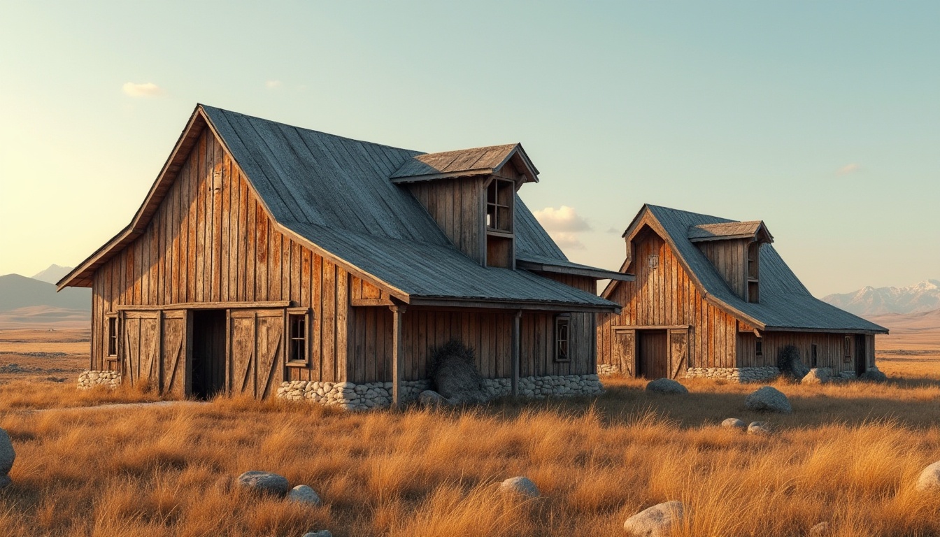 Prompt: Rustic barns, unique angular shapes, distressed wood textures, earthy color palette, natural stone foundations, corrugated metal roofs, asymmetrical compositions, abstract geometric forms, expressive silhouettes, rural landscapes, rolling hills, vast open skies, warm golden lighting, soft focus, shallow depth of field, 1/2 composition, atmospheric perspective, realistic weathering effects.