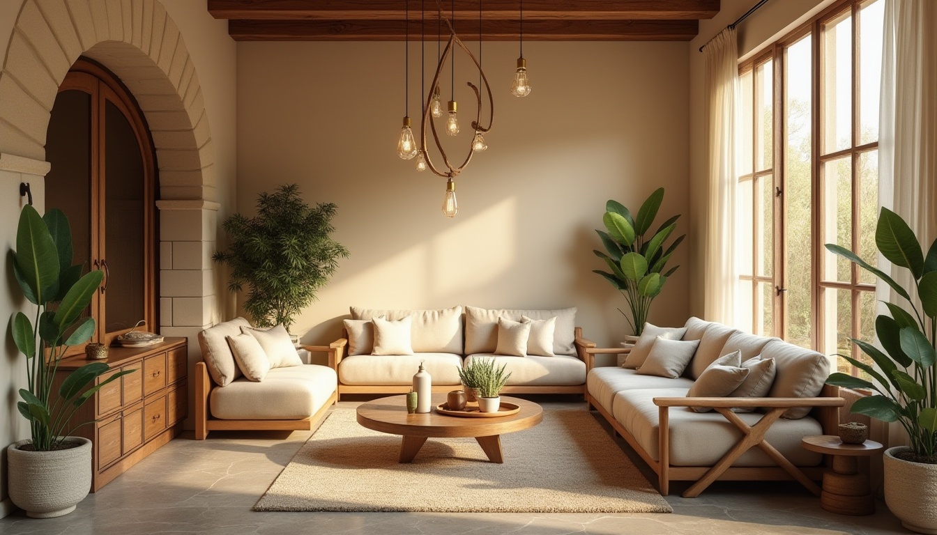 Prompt: Cozy living room, warm beige walls, plush sofas, rustic wooden furniture, soft golden lighting, comfortable pillows, vibrant green plants, modern minimalist decor, large windows, natural stone flooring, creamy white curtains, elegant chandeliers, rich walnut wood accents, intimate seating areas, calming color palette, subtle texture contrasts, 1/2 composition, atmospheric shading, realistic reflections.