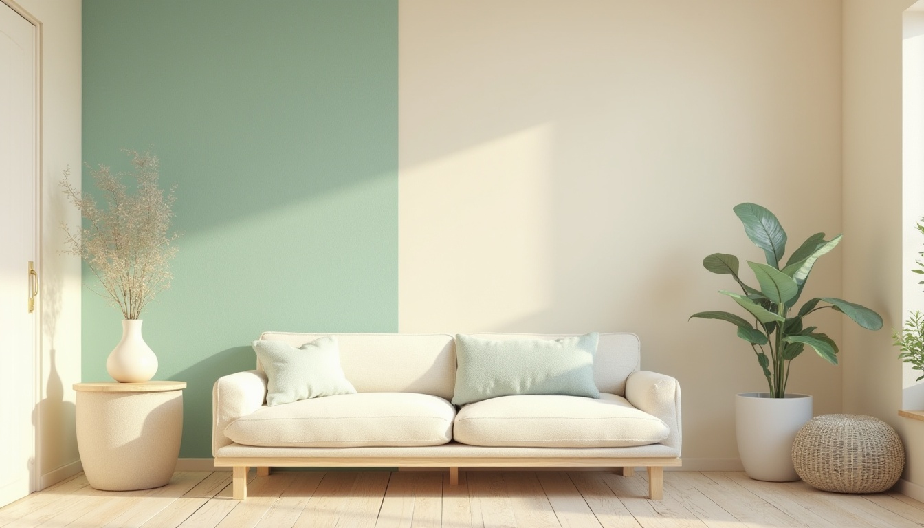 Prompt: Soft warm beige walls, calming turquoise accents, soothing sage greenery, creamy white furniture, natural wood textures, gentle golden lighting, subtle gradient effects, 1/1 composition, minimalist design, realistic rendering, ambient occlusion, soft focus blur, harmonious color balance, pastel hues, watercolor-inspired patterns.