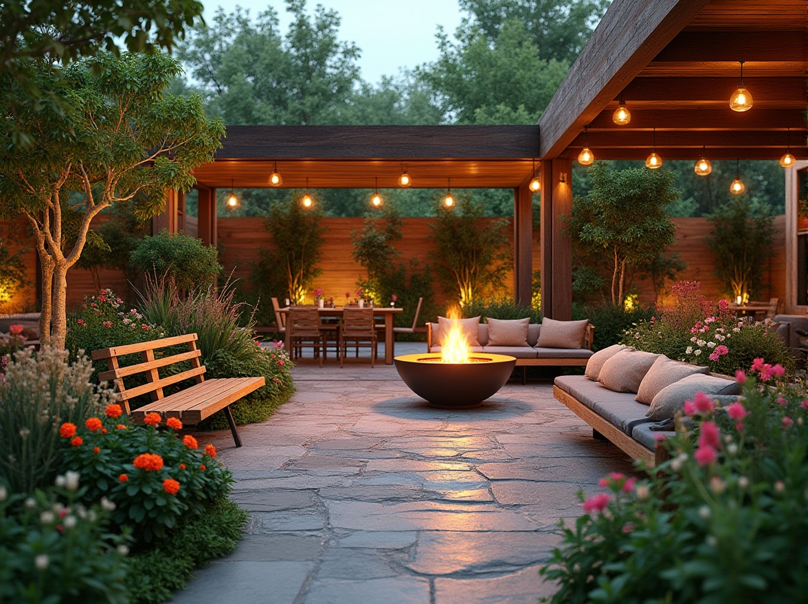 Prompt: Vibrant garden patio, lush greenery, colorful flowers, comfortable outdoor seating, wooden benches, decorative planters, natural stone pathways, tranquil water features, modern outdoor lighting, warm ambiance, shallow depth of field, 1/1 composition, intimate gathering spaces, cozy fire pit, rustic wooden accents, earthy tone color scheme, organic textures, ambient occlusion.