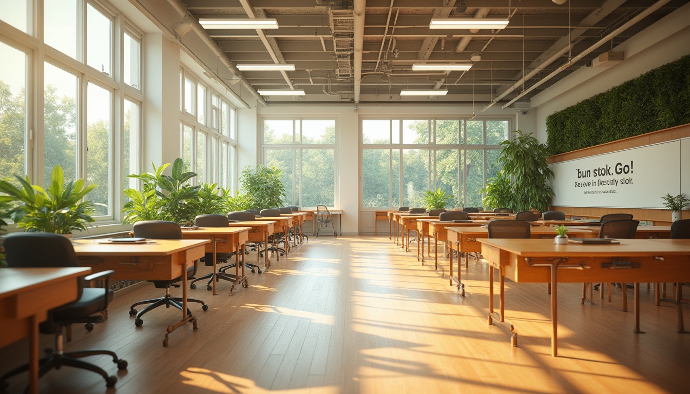 Prompt: Vibrant classroom, abundant natural light, floor-to-ceiling windows, wooden desks, ergonomic chairs, greenery walls, inspirational quotes, modern educational equipment, collaborative workspaces, comfortable reading nooks, warm beige tones, indirect soft lighting, 1/1 composition, shallow depth of field, realistic textures.