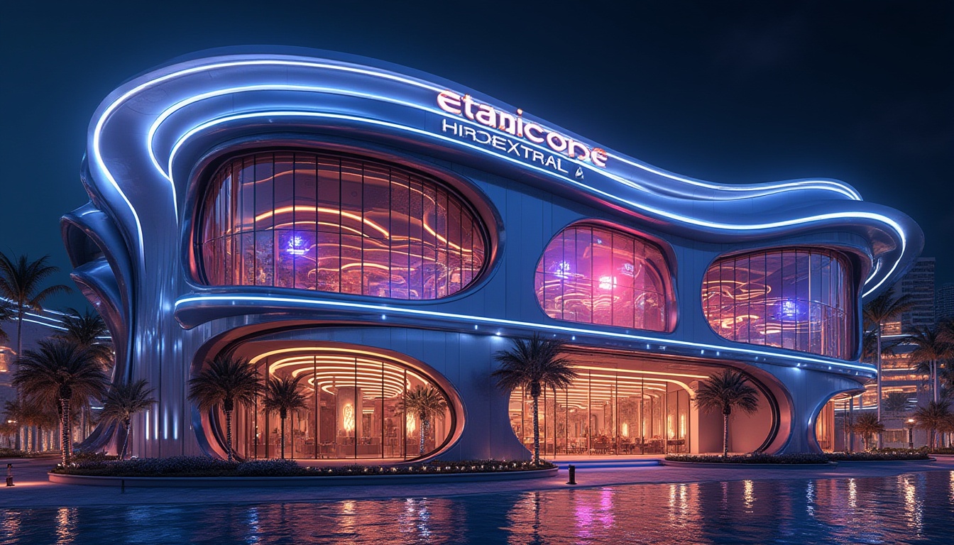 Prompt: Neo-futuristic casino facade, LED light strips, gleaming metal accents, futuristic curves, dynamic angular lines, high-gloss finishes, sleek glass surfaces, neon-lit signage, vibrant color schemes, intricate geometric patterns, 3D architectural details, luxurious entranceways, grandiose foyers, lavish water features, ambient nighttime lighting, shallow depth of field, cinematic composition, realistic reflections, advanced materials textures.