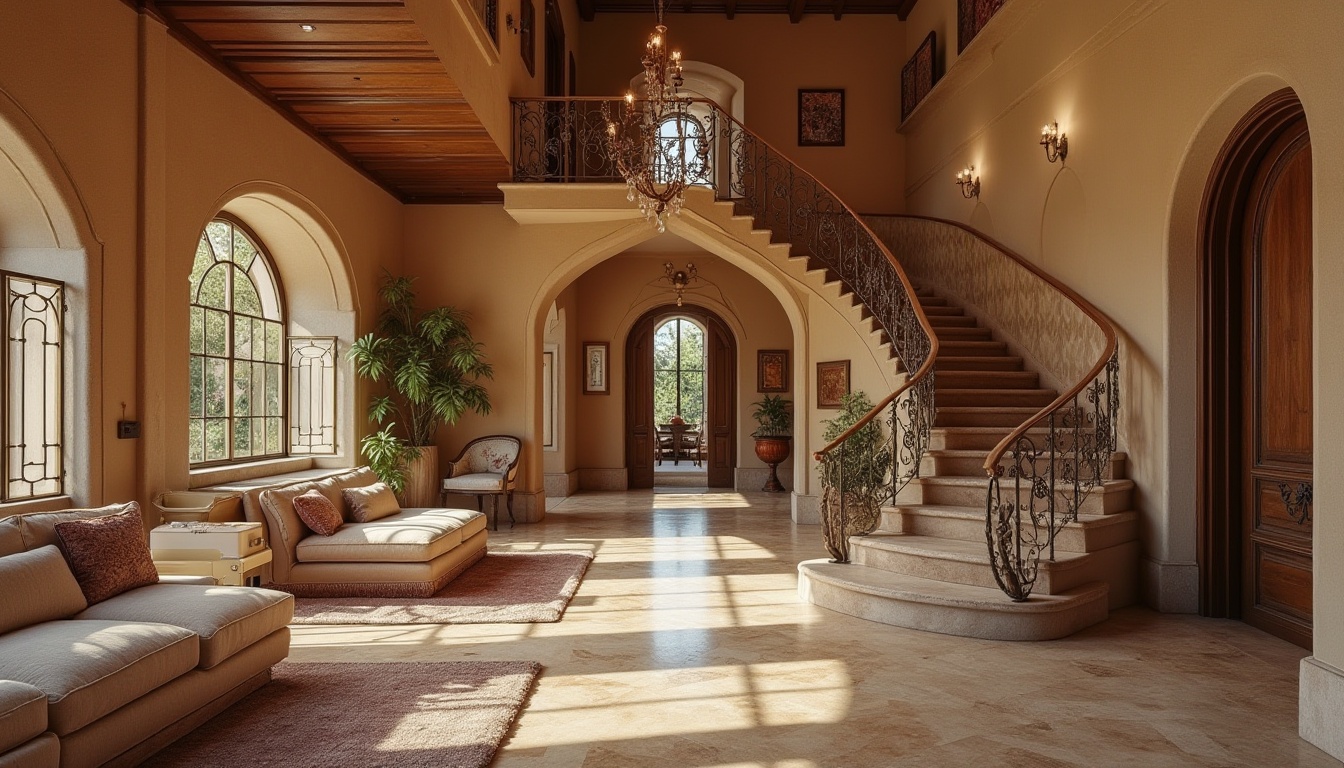 Prompt: Luxurious villa, Mediterranean Revival style, warm beige stucco exterior, rich wood accents, ornate metalwork, grand entrance, sweeping staircase, lavish furnishings, velvety soft carpets, marble countertops, reclaimed wood flooring, natural stone walls, plush upholstery, metallic bronze hardware, subtle texture contrasts, warm ambient lighting, shallow depth of field, 2/3 composition, cinematic view, realistic reflections, ambient occlusion.