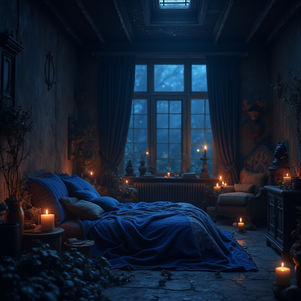 Prompt: Mysterious indigo night sky, twinkling stars, dark blue accents, luxurious velvet fabrics, rich wood textures, vintage antique furniture, dimly lit atmosphere, warm candlelight, ancient mystical artifacts, spiritual symbols, bohemian eclectic decor, moody ambient lighting, shallow depth of field, 1/1 composition, cinematic mood, realistic render.