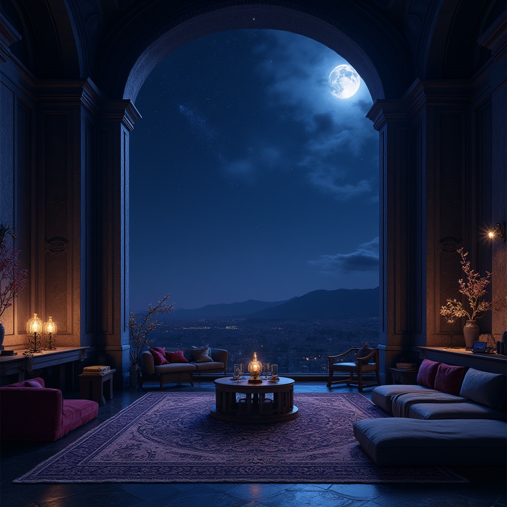 Prompt: Mysterious indigo night sky, twinkling stars, soft moonlight, ancient mystical symbols, ornate velvet fabrics, luxurious dark wood furniture, intricate patterns, rich jewel tones, deep blue-purple hues, sophisticated modern architecture, sleek lines, minimal decor, ambient warm lighting, shallow depth of field, 1/1 composition, realistic textures.