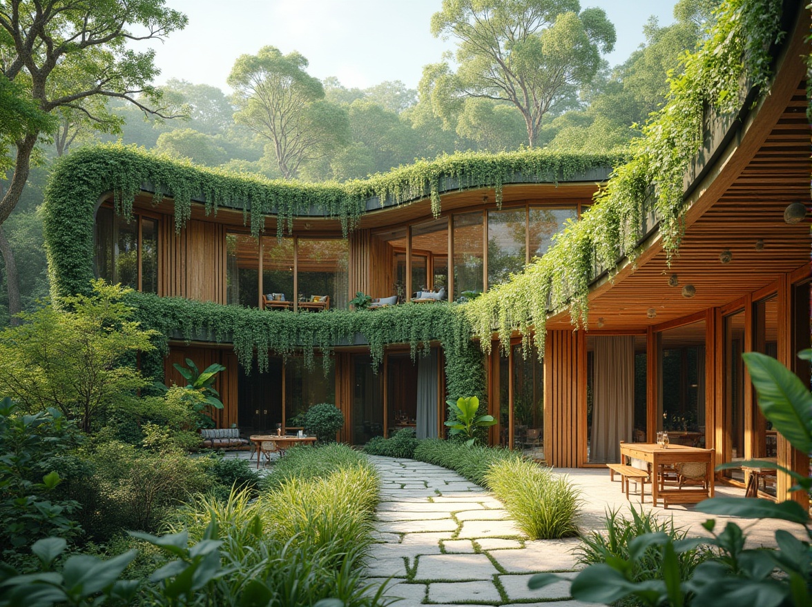 Prompt: Green roofs, lush vegetation, natural materials, wooden accents, large windows, clerestory windows, skylights, solar tubes, open floor plans, minimal partitions, curved lines, organic shapes, earthy tones, warm lighting, soft breeze, fresh air, passive design strategies, cross ventilation, stack effect, wind catchers, solar chimneys, thermal mass, insulation systems, breathable walls, aeration systems, evaporative cooling, shading devices, overhangs, green walls, living walls, vertical gardens.