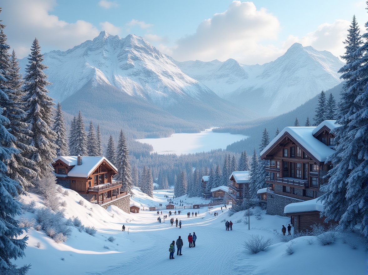 Prompt: Snow-capped mountain peaks, lush pine forests, frozen lakes, ski trails, chairlifts, gondolas, snowshoes, wooden chalets, rustic stone buildings, modern ski center architecture, large windows, glass facades, warm cozy lighting, soft snowfall, shallow depth of field, 3/4 composition, panoramic view, realistic textures, ambient occlusion, frosty mornings, crisp winter air, gentle mountain breeze, serene natural ambiance.