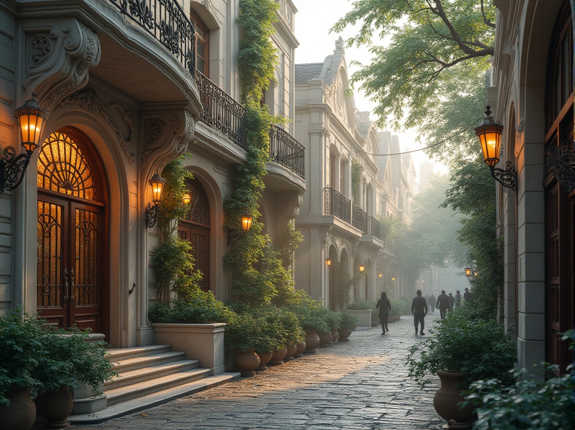 Prompt: Intricate stone carvings, flowing organic lines, ornate metalwork, sinuous curves, stained glass windows, grand entranceways, asymmetrical facades, lush greenery, vintage street lamps, cobblestone streets, misty morning light, soft warm colors, high-key lighting, shallow depth of field, 1/1 composition, realistic textures, ambient occlusion.