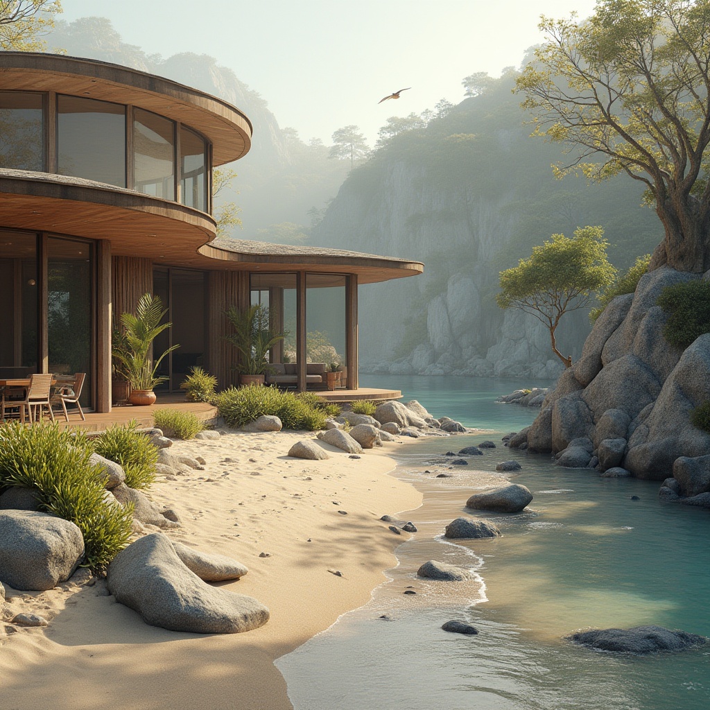 Prompt: Sandy beaches, rocky shores, driftwood sculptures, ocean-inspired architecture, curved lines, natural materials, weathered wood accents, large windows, sliding glass doors, seamless indoor-outdoor transitions, coastal vegetation, salt-tolerant plants, beachy color palette, soft warm lighting, misty atmosphere, 1/1 composition, symmetrical balance, realistic textures, subtle animations, ocean sounds, seagull cries.Let me know if this meets your requirements!