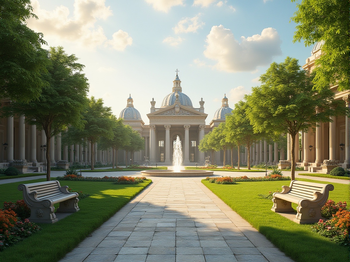 Prompt: Manicured lawn, ornate fountains, symmetrical pathways, classical statues, columnar trees, vibrant flowerbeds, elegant benches, intricate stonework, grand entrance gates, neoclassical buildings, ionic columns, archways, domes, soft warm lighting, shallow depth of field, 1/1 composition, panoramic view, realistic textures, ambient occlusion.