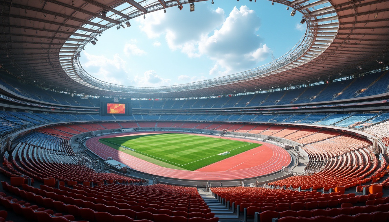 Prompt: Sleek international stadium, futuristic architecture, dynamic seating arrangement, vibrant colors, premium materials, ergonomic chairs, cantilevered upper decks, open-air concourses, panoramic views, atmospheric lighting, shallow depth of field, 3/4 composition, low-angle shot, realistic textures, ambient occlusion, lush greenery, athletic tracks, state-of-the-art scoreboards, LED displays, modern amenities, concession stands, VIP lounges.