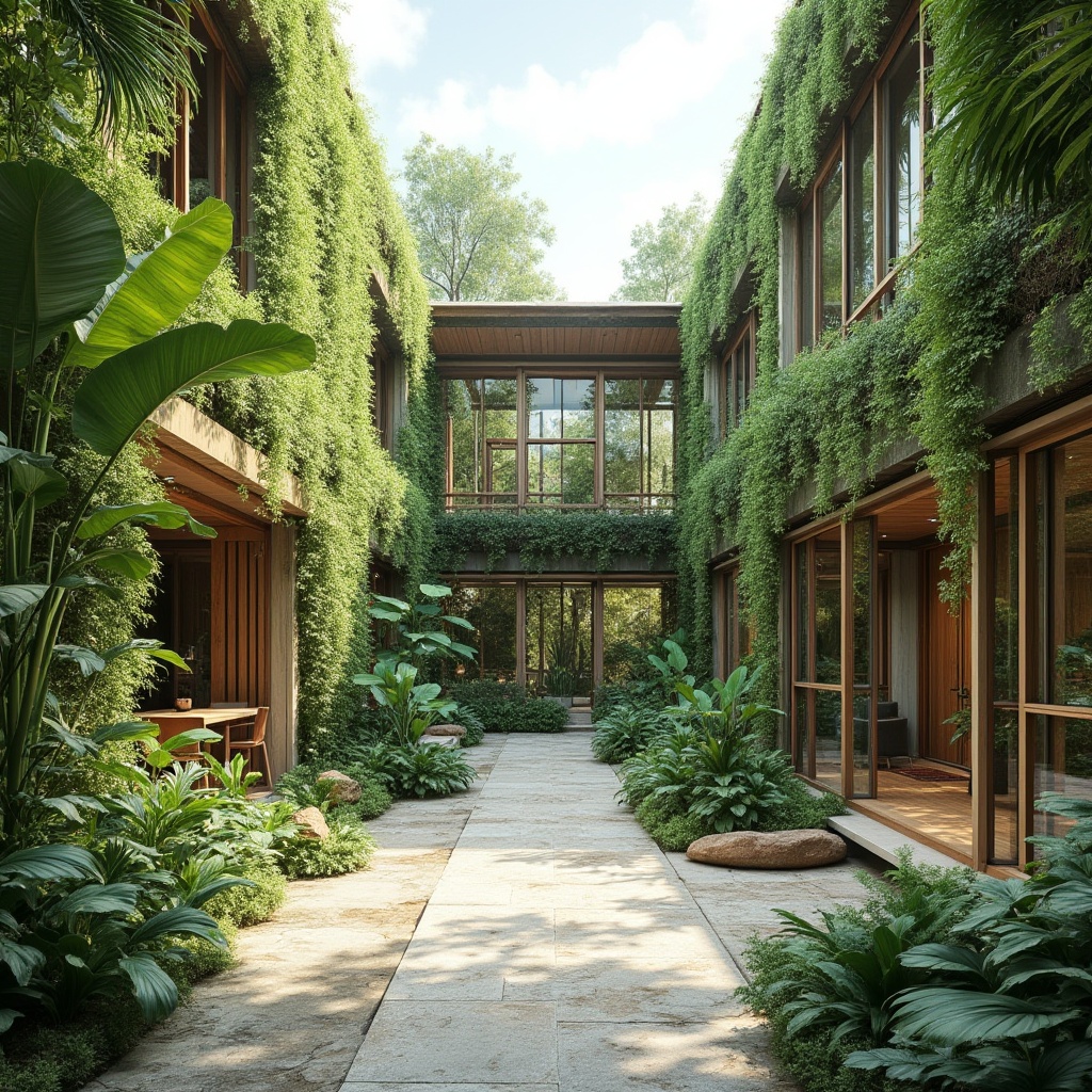 Prompt: Breezy tropical courtyard, lush green walls, vertical gardens, natural stone floors, wooden accents, open-air corridors, high ceilings, large windows, clerestory roofs, operable shutters, cross-ventilation strategies, wind towers, solar chimneys, evaporative cooling systems, shading devices, overhangs, awnings, light-colored exterior finishes, minimal obstruction layout, 1/1 composition, soft natural lighting, gentle breezes.