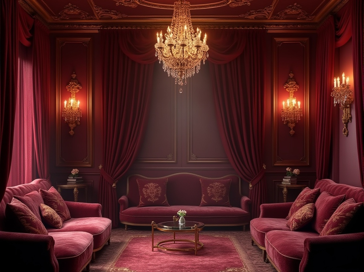 Prompt: Rich maroon walls, luxurious velvet drapes, ornate golden fixtures, lavish crystal chandeliers, opulent furnishings, deep berry accents, warm bronze lighting, intricate patterns, sophisticated textures, moody shadows, cinematic ambiance, atmospheric fog, dramatic color contrast, high-contrast ratio, 1/2 composition, shallow depth of field, realistic reflections.