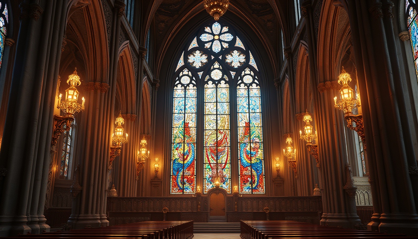 Prompt: Vibrant stained glass windows, intricate Gothic arches, majestic cathedral ceilings, ornate stone carvings, richly colored glass mosaics, kaleidoscope patterns, warm golden lighting, dramatic shadows, ornate metalwork, delicate tracery, soaring vaulted ceilings, grandiose entranceways, mystical ambience, ethereal atmosphere, 1/2 composition, low-key lighting, shallow depth of field, realistic textures.