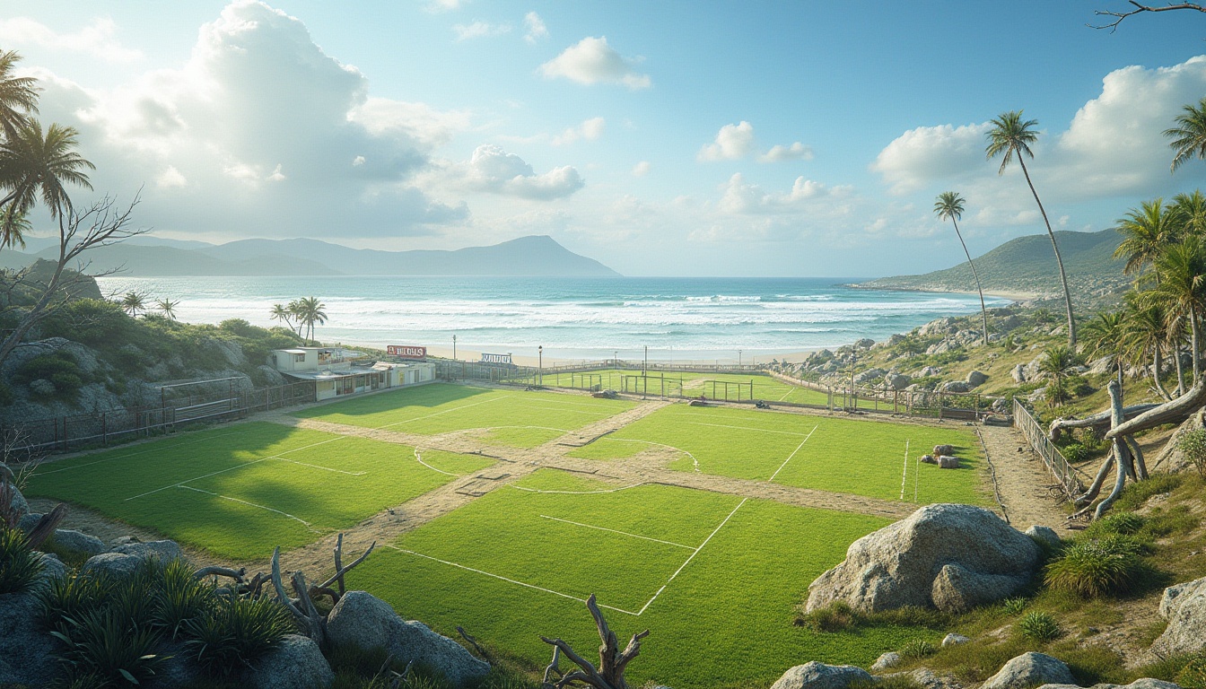 Prompt: Seaside sports complex, lush green grass, ocean views, sandy beach transitions, driftwood accents, nautical themed signage, weathered steel fencing, coastal rock formations, salt tolerant plant species, windy day, dramatic cloud formations, soft natural lighting, shallow depth of field, 1/1 composition, panoramic view, realistic textures, ambient occlusion.