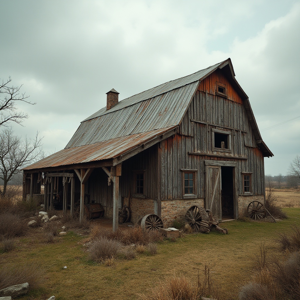 Prompt: Rustic barn, weathered wooden planks, distressed metal roofs, earthy tones, natural stone foundations, worn brick walls, faded rural landscapes, overcast sky, warm soft lighting, shallow depth of field, 1/2 composition, cinematic framing, high-contrast textures, ambient occlusion, rough-hewn wood accents, vintage agricultural equipment, nostalgic rural ambiance.