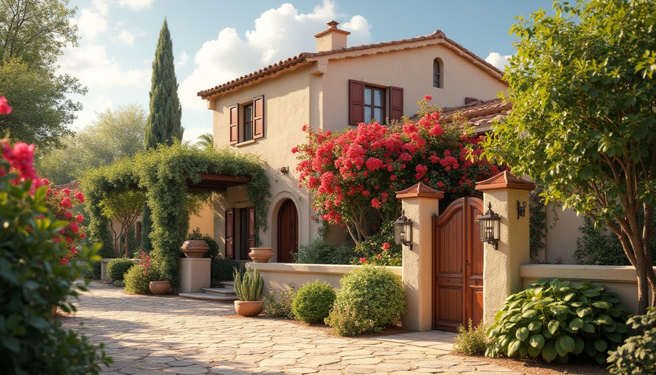 Prompt: \Villa exterior, warm beige walls, terracotta roof tiles, lush greenery, vibrant bougainvillea flowers, natural stone pathways, wooden accents, rustic metal gates, soft warm lighting, shallow depth of field, 3/4 composition, panoramic view, realistic textures, ambient occlusion, earthy tone color palette, warm sandy beige, soft sage green, terracotta red, creamy white, subtle texture overlays.\