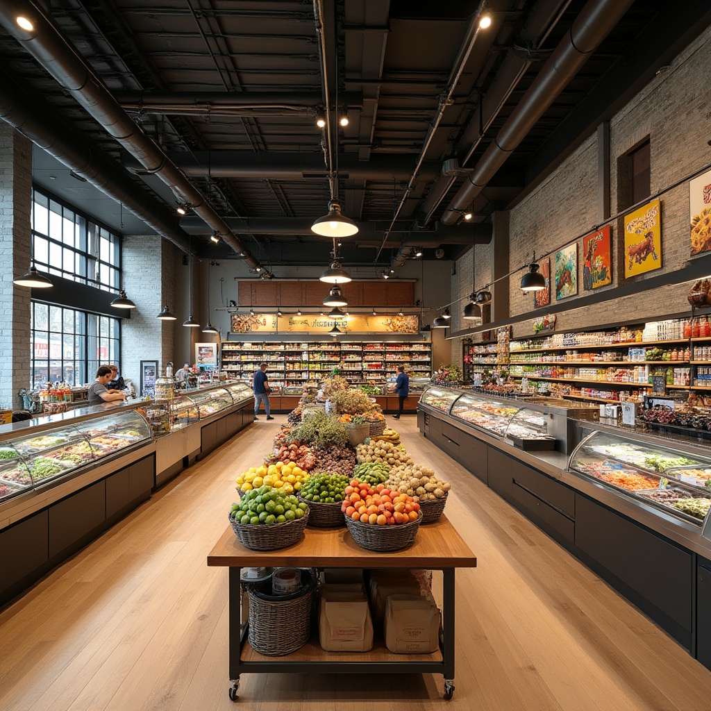 Prompt: Vibrant grocery store interior, modern shelving units, stainless steel countertops, wooden flooring, ambient lighting, decorative ceiling tiles, sleek refrigeration systems, colorful product displays, eclectic signage, natural stone walls, industrial-style metal beams, open concept layout, high ceilings, abundant natural light, 1/2 composition, realistic textures, subtle shadows.