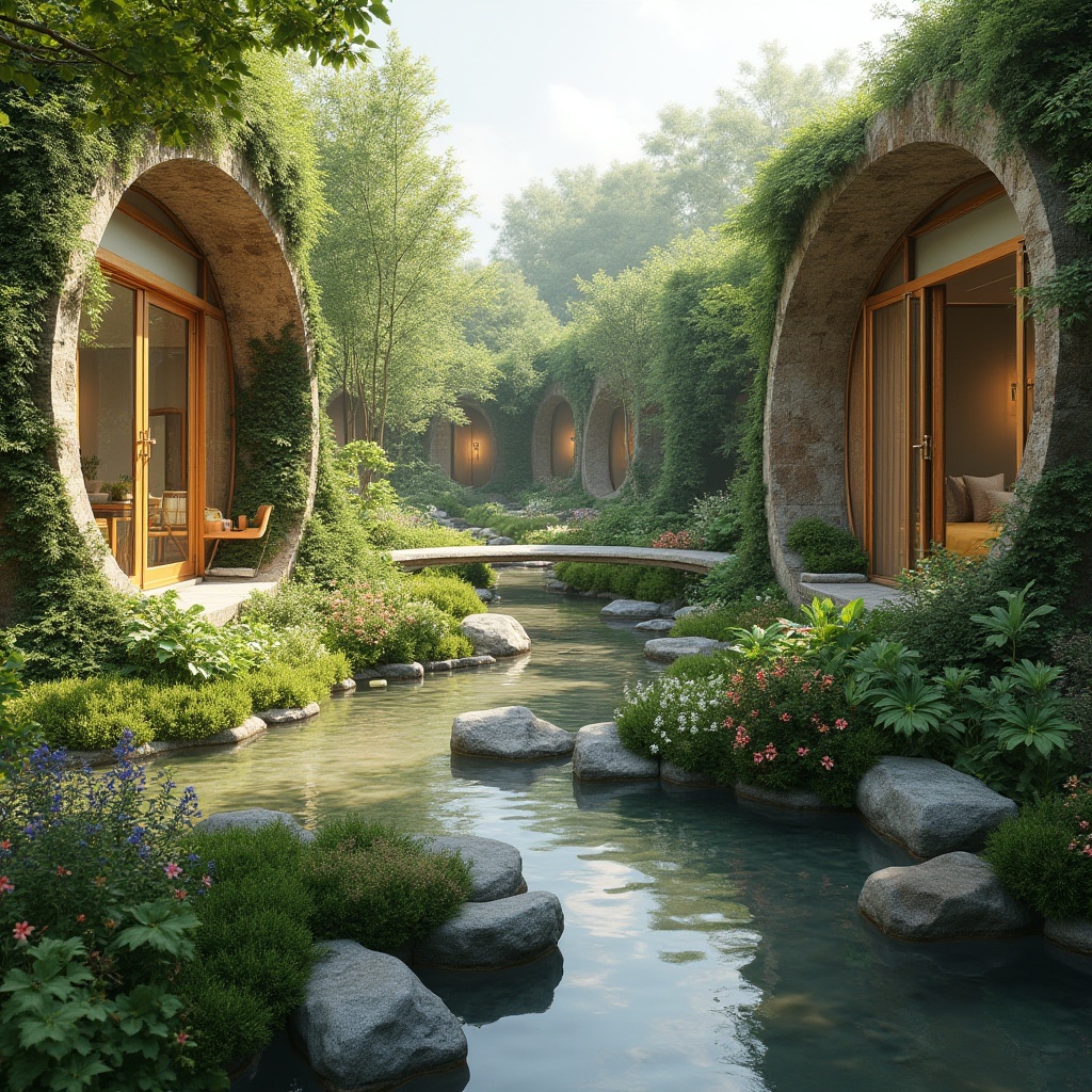 Prompt: Harmonious landscape integration, lush green roofs, verdant walls, natural stone pathways, serene water features, tranquil ponds, meandering streams, vibrant flowerbeds, native plant species, organic architectural forms, curved lines, earthy tones, weathered wood accents, seamless transitions, blurred boundaries, soft warm lighting, atmospheric perspective, 1/1 composition, symmetrical balance, realistic textures, ambient occlusion.