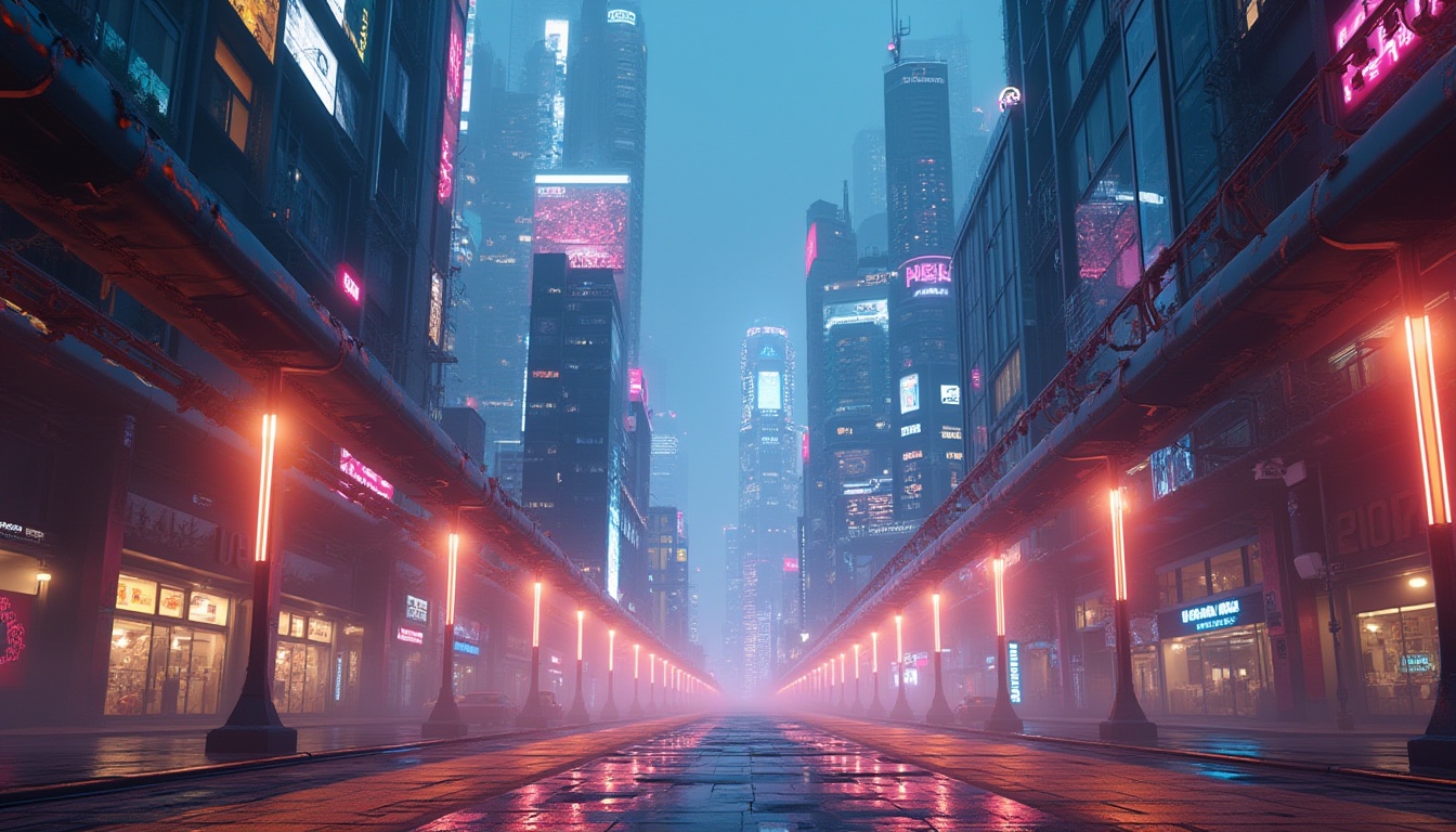 Prompt: Futuristic cityscape, neon-lit skyscrapers, vibrant LED displays, dynamic streetlights, glowing pedestrian paths, sleek metal lampposts, angular modern architecture, ambient warm lighting, soft cool tones, high-contrast shadows, realistic reflections, misty atmospheric effects, 1/1 composition, symmetrical framing, cinematic camera angles, advanced CGI simulations, immersive virtual environments.