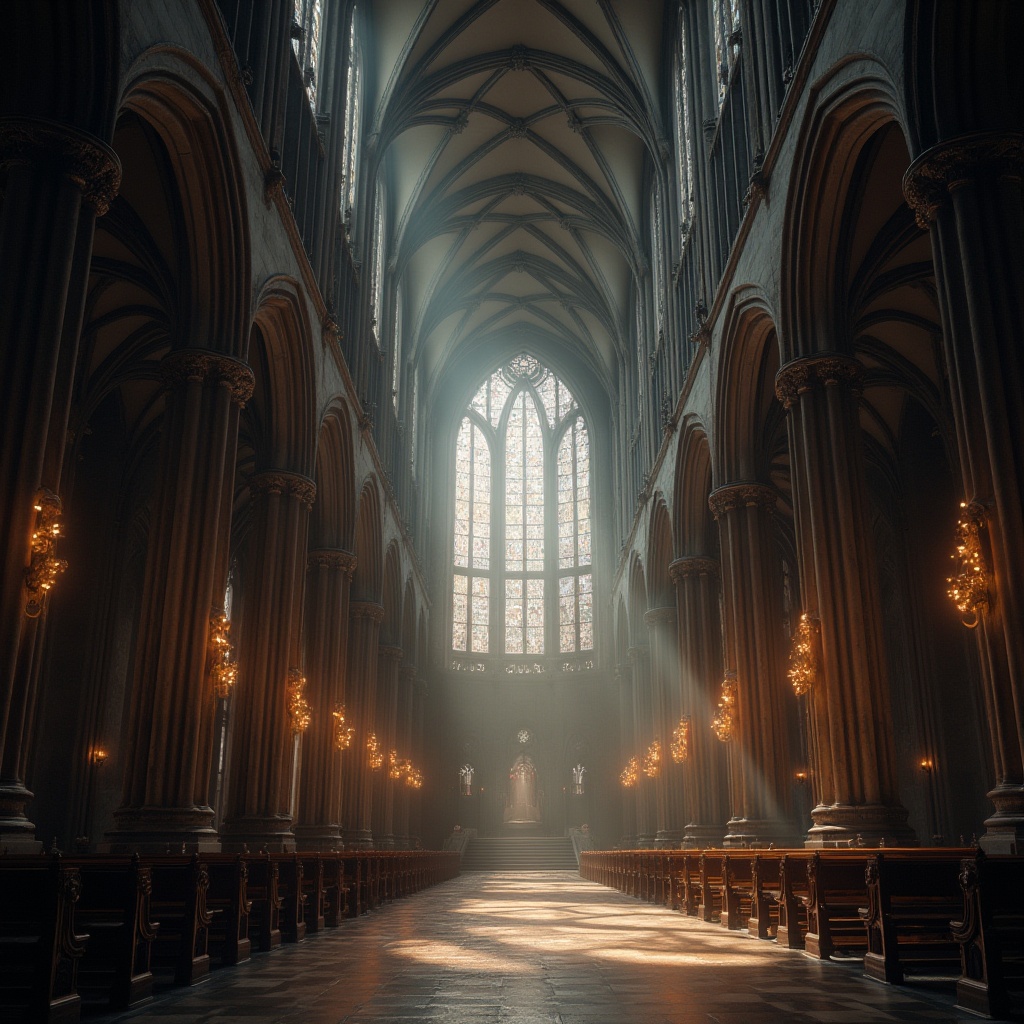 Prompt: Ethereal cathedral interior, soaring vertical lines, grandiose arches, ornate stone carvings, ribbed vaults, pointed windows, stained glass patterns, mystical ambiance, dim warm lighting, dramatic shadows, rich textures, intricate stonework, flying buttresses, imposing pillars, celestial atmosphere, sacred symbols, mysterious auras, subtle misting effects, cinematic composition, narrow depth of field.