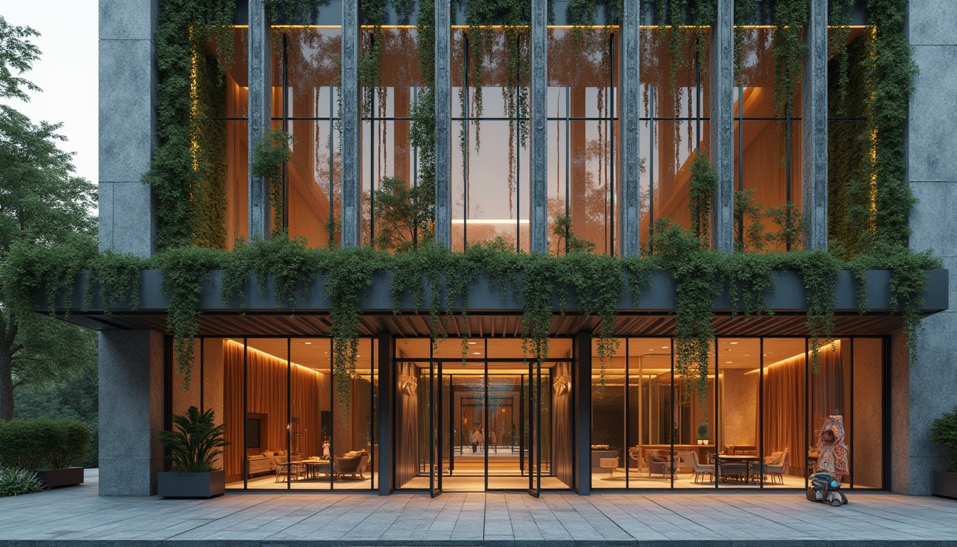 Prompt: Elegant building facade, modern minimalist architecture, large glass windows, sleek metal frames, vertical green walls, ornate stone carvings, intricate wooden patterns, vibrant colored accents, ambient LED lighting, 3D modeling textures, shallow depth of field, 1/2 composition, soft natural light, warm atmospheric tone, realistic material renderings.