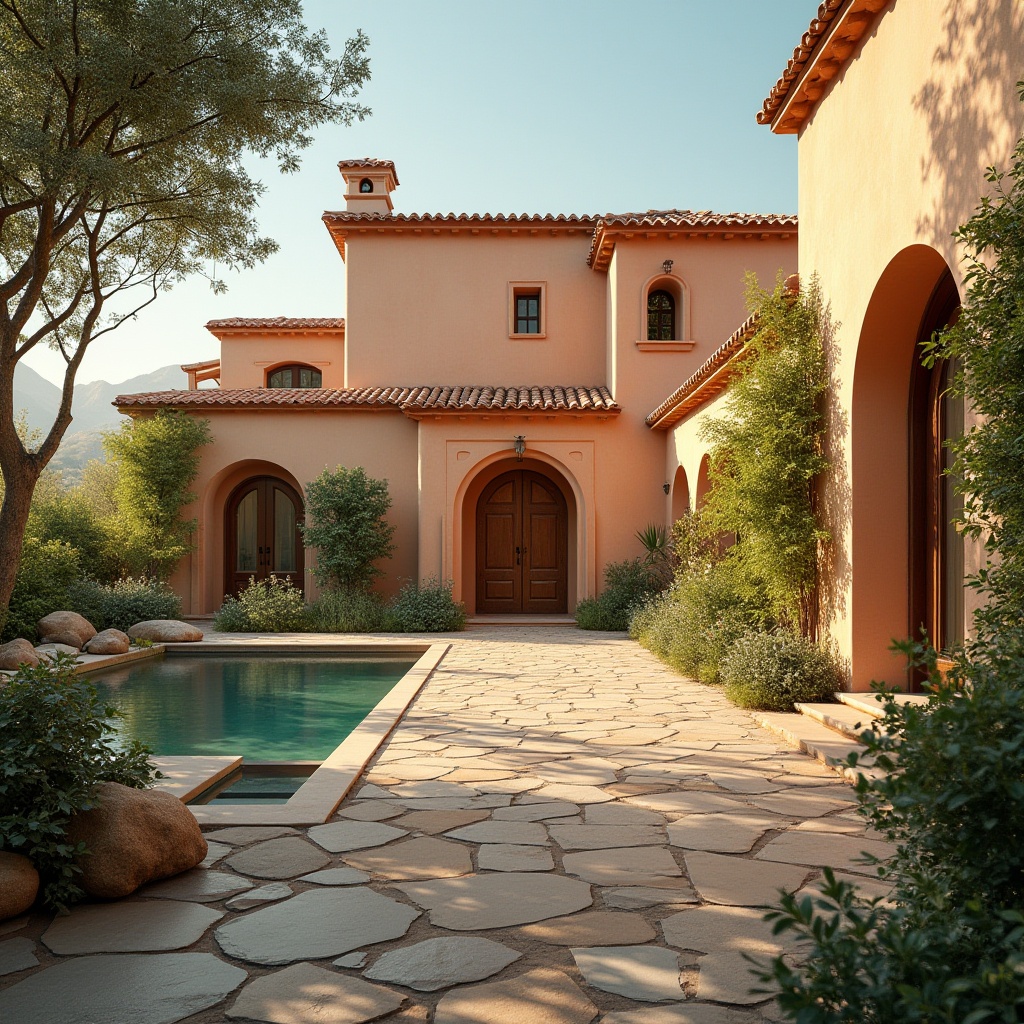 Prompt: Warm Mediterranean villa, soft peach stucco, rustic terracotta tiles, lush greenery, vibrant bougainvillea, serene water features, natural stone walkways, elegant archways, ornate wooden doors, warm golden lighting, shallow depth of field, 3/4 composition, panoramic view, realistic textures, ambient occlusion, earthy color palette, soothing beige tones, calming turquoise accents, rich brown wood undertones.