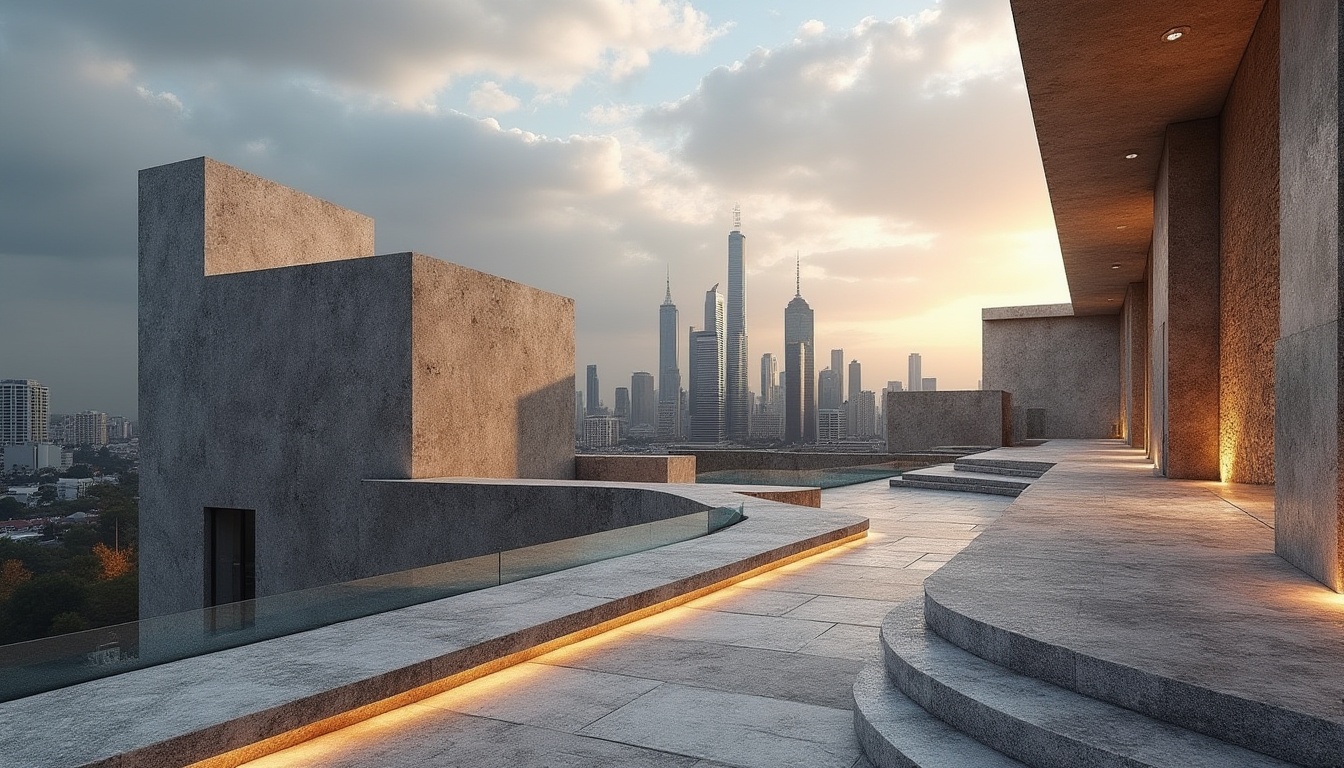 Prompt: Granite architectural features, natural stone walls, coarse textures, earthy tones, flecked patterns, modern building facades, sleek lines, minimalist designs, high-rise skyscrapers, urban cityscapes, cloudy skies, dramatic shadows, warm ambient lighting, shallow depth of field, 1/1 composition, realistic materials, detailed normal maps.