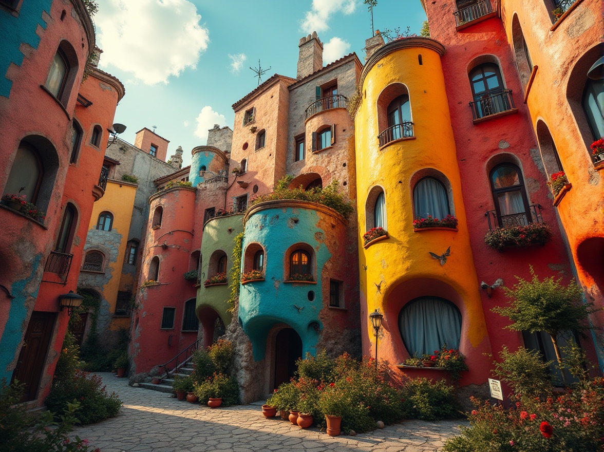 Prompt: Vibrant expressive facades, undulating curves, bold color blocking, irregular shapes, dynamic rhythms, playful textures, eclectic mix of materials, ornate decorations, oversized windows, asymmetrical compositions, dramatic lighting effects, moody shadows, artistic sculptures, abstract patterns, whimsical ornaments, fantastical silhouettes, dreamlike atmosphere, warm golden lighting, low-key contrast, 1/2 composition, intimate focus, soft focus blur.