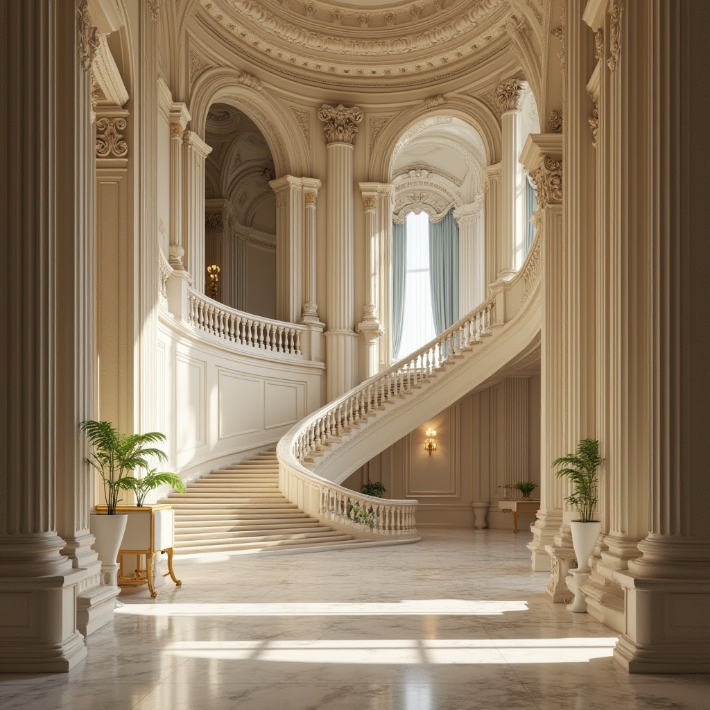 Prompt: Elegant neoclassical building, ornate columns, carved stone details, grand entranceways, sweeping staircases, intricate moldings, rich velvet drapes, polished marble floors, soft golden lighting, warm beige walls, creamy whites, muted grays, subtle blues, luxurious fabrics, ornamental patterns, refined furnishings, symmetrical compositions, shallow depth of field, 1/1 aspect ratio, realistic textures, ambient occlusion.