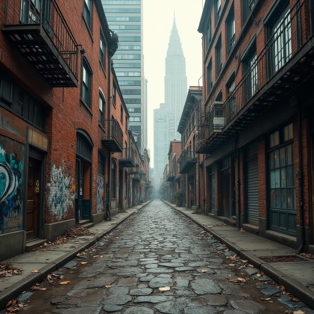 Prompt: Rustic city streets, weathered brick facades, distressed concrete walls, industrial metal accents, reclaimed wood cladding, vibrant street art, urban decay, rough stone paving, modern skyscrapers, sleek glass towers, metallic sheen, abstract patterns, dramatic lighting, low-angle shots, cinematic composition, high-contrast images, gritty textures, atmospheric haze.