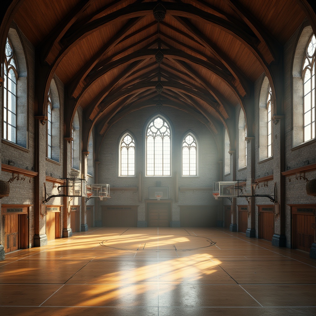 Prompt: Grand gymnasium, vaulted ceilings, ribbed arches, pointed windows, Gothic style, stone walls, rustic wood accents, athletic equipment, basketball hoops, scoreboard displays, natural light pouring in, warm wooden tones, dramatic shadows, high contrast lighting, atmospheric misting, 1/2 composition, low-angle shot, cinematic mood, realistic textures.