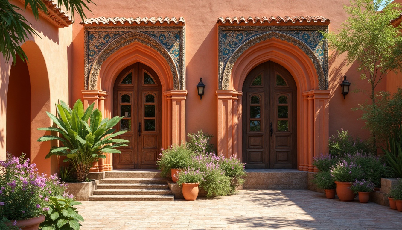 Prompt: Vibrant regionalist building, ornate terracotta facades, intricately carved wooden doors, colorful glazed tiles, rustic stone walls, curved Arabic-inspired arches, lush greenery, blooming flowers, warm sunny day, soft natural lighting, shallow depth of field, 3/4 composition, panoramic view, realistic textures, ambient occlusion.