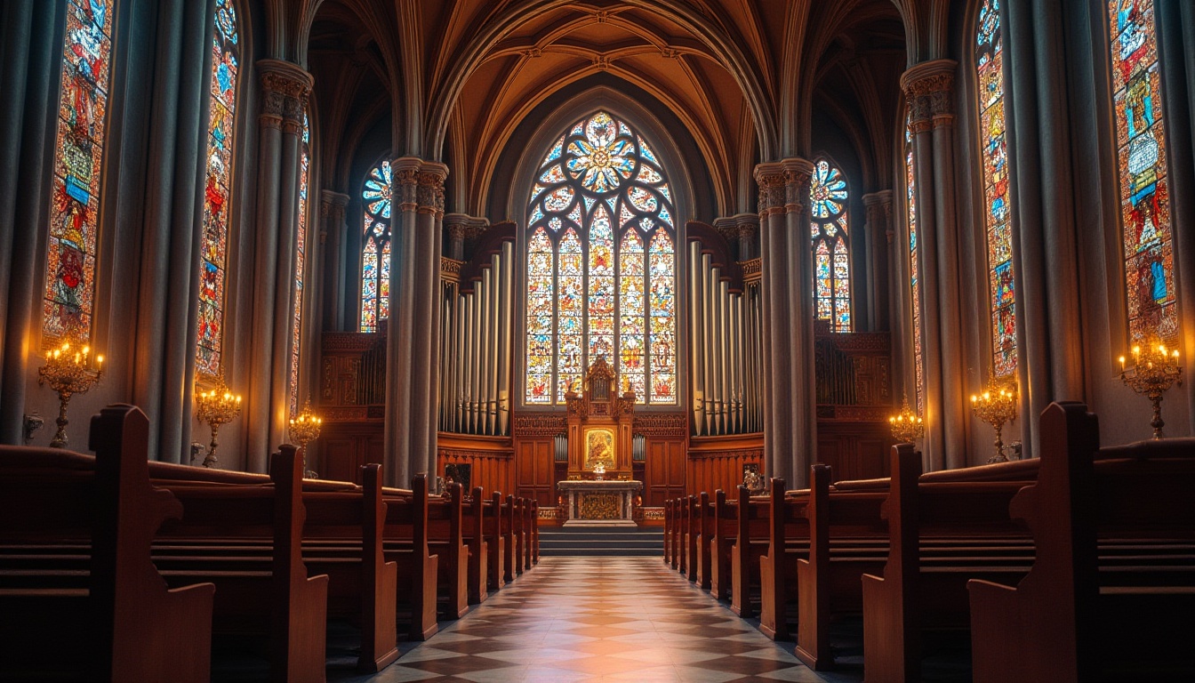 Prompt: Vibrant stained glass windows, kaleidoscope colors, intricate religious symbols, ornate Gothic architecture, grand cathedral ceilings, majestic pipe organs, solemn prayer benches, devotional statues, soft warm lighting, dramatic shadows, 1/1 composition, realistic textures, ambient occlusion.