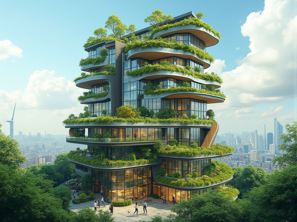 Prompt: Eco-friendly skyscraper, lush green roofs, solar panels, wind turbines, rainwater harvesting systems, recycled materials, energy-efficient fa\u00e7ade, double-glazed windows, natural ventilation, bamboo flooring, low-VOC paints, organic gardens, urban agriculture, vertical farming, minimalist design, optimized building orientation, passive solar heating, shaded outdoor spaces, misting systems, futuristic architecture, sleek metal structures, angular lines, vibrant greenery, clear blue sky, warm sunny day, soft natural lighting, shallow depth of field, 3/4 composition, panoramic view.