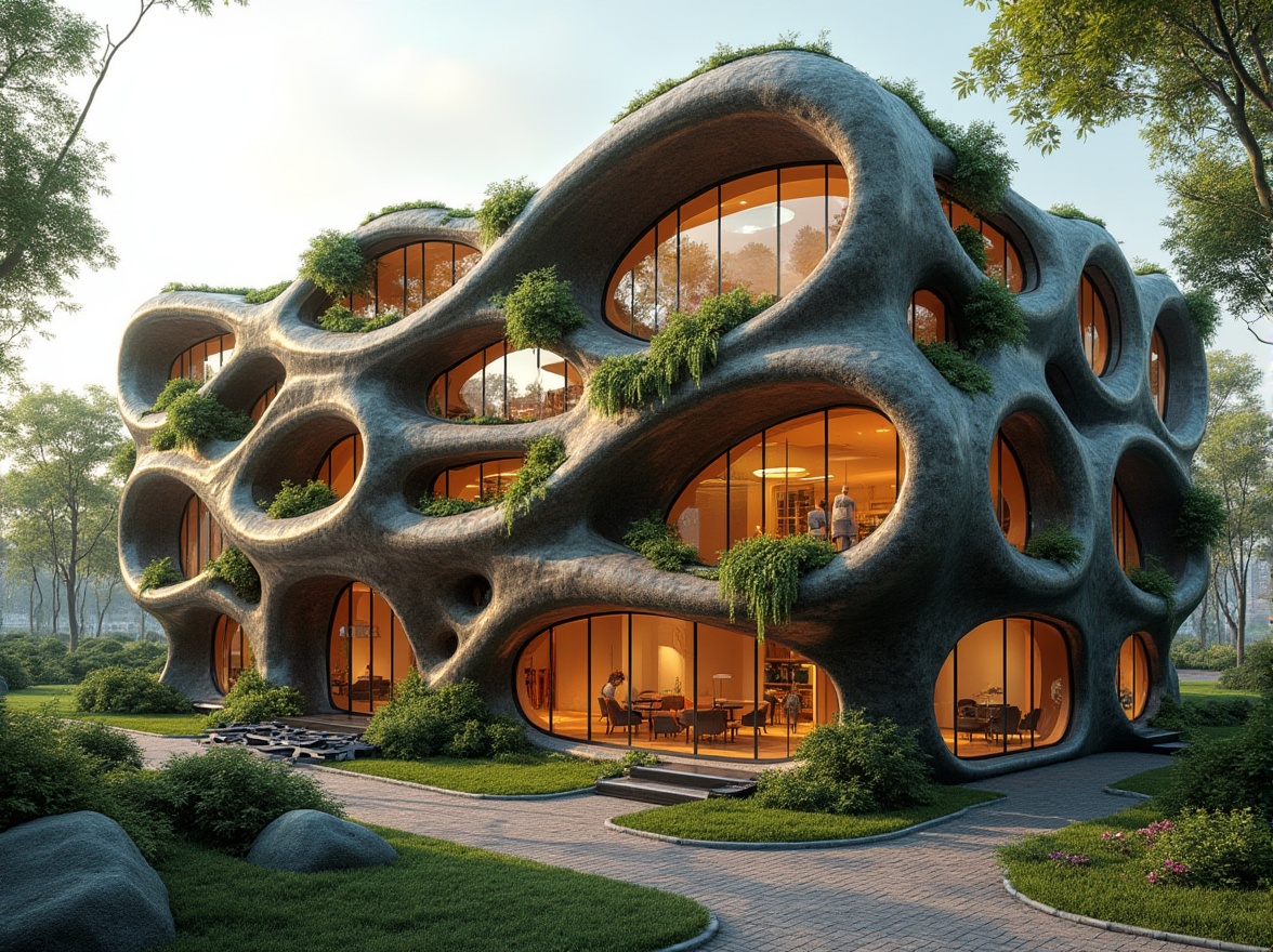 Prompt: Organic facade, biomimetic patterns, undulating curves, natural materials, reclaimed wood, living walls, green roofs, solar panels, wind turbines, kinetic architecture, adaptive shading systems, responsive building skins, dynamic lighting effects, futuristic ambiance, high-tech innovation, sustainable energy harvesting, eco-friendly infrastructure, cyberpunk aesthetics, neon-lit accents, metallic meshes, parametric design, algorithmic generative art.