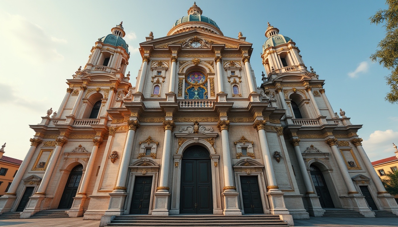 Prompt: Grand Renaissance church facade, ornate stone carvings, majestic domes, intricate Baroque details, vibrant stained glass windows, golden accents, rusticated base, Corinthian columns, sweeping arches, dramatic pediments, classical statues, ornate metalwork, weathered stone textures, warm afternoon sunlight, soft gentle shadows, 1/1 composition, realistic architectural rendering.