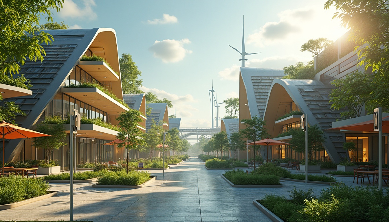 Prompt: Eco-friendly community, futuristic architecture, green roofs, solar panels, wind turbines, water conservation systems, recycled materials, sustainable urban planning, vertical gardens, living walls, minimalist design, angular lines, metallic structures, translucent canopies, vibrant colorful textiles, intricate geometric motifs, shaded outdoor spaces, misting systems, pedestrian-friendly streets, electric vehicle charging stations, community recycling centers, public art installations, urban agriculture, rooftop gardens, futuristic streetlights, soft warm lighting, shallow depth of field, 3/4 composition, panoramic view.