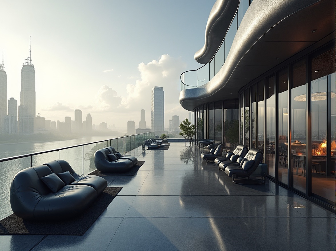 Prompt: Curved lines, minimalist design, silver metal accents, polished chrome details, glass fa\u00e7ade, cantilevered roofs, open floor plans, low-poly furniture, matte black surfaces, carbon fiber textures, industrial chic ambiance, urban cityscape, morning mist, soft natural lighting, shallow depth of field, 1/1 composition, realistic reflections, ambient occlusion.Please let me know if this meets your requirements!