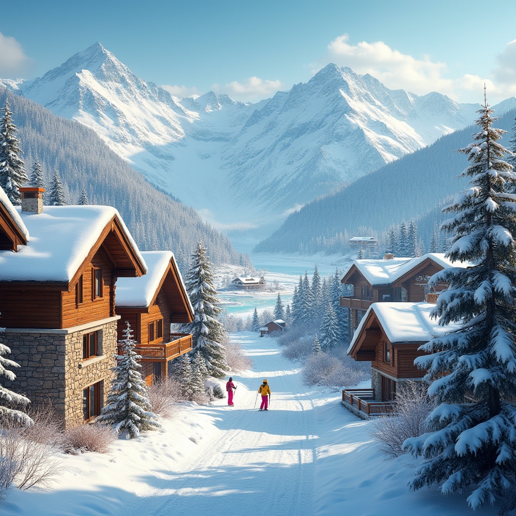 Prompt: Snow-capped mountains, frosty air, ski lifts, wooden chalets, rustic stone walls, warm fireplaces, cozy lodges, winter sports equipment, vibrant ski suits, icy blue skies, powdery snow textures, frozen lakes, evergreen trees, wooden signage, natural wood accents, earthy tones, warm beige colors, creamy whites, rich browns, frosty blues, snowy whites, modern architecture, large windows, sloping roofs, rustic metal details, warm lighting, shallow depth of field, 3/4 composition, panoramic view, realistic textures, ambient occlusion.