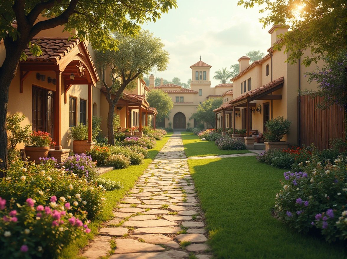 Prompt: Warm residential neighborhood, inviting streetscape, lush green lawns, blooming flowerbeds, rustic wooden fences, cozy porches, soft warm lighting, earthy color scheme, beige stucco walls, terracotta roof tiles, natural stone walkways, calming water features, serene ambiance, 1/2 composition, shallow depth of field, realistic textures, ambient occlusion.