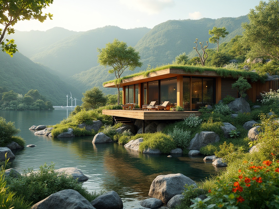 Prompt: Harmonious landscape integration, rolling hills, serene lakeside, lush greenery, natural stone walls, wooden decks, modern minimalist architecture, large windows, sliding glass doors, cantilevered roofs, green roofs, eco-friendly materials, innovative irrigation systems, solar panels, wind turbines, water conservation systems, organic gardens, edible landscapes, vibrant colorful flowers, soft warm lighting, shallow depth of field, 3/4 composition, panoramic view, realistic textures, ambient occlusion.