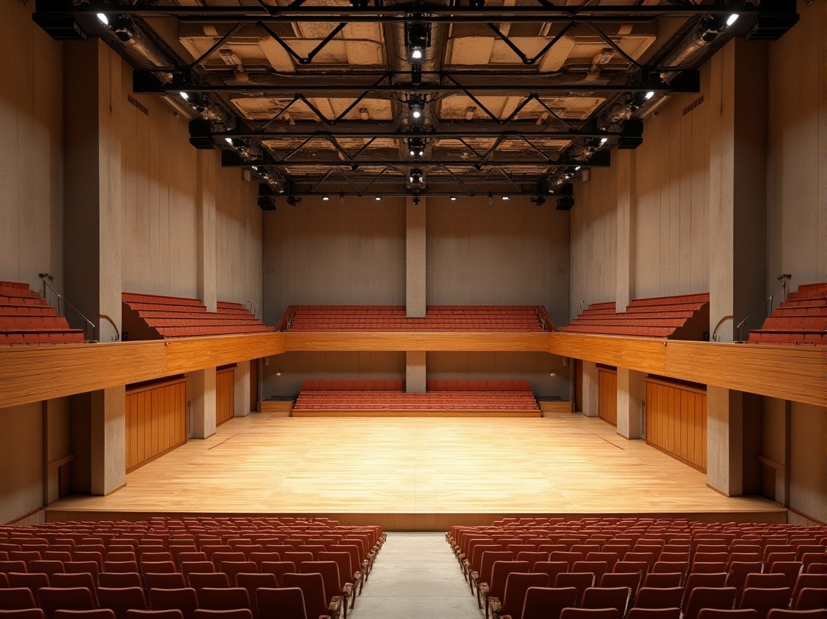 Prompt: Bauhaus-style auditorium, rectangular shape, minimalist interior, wooden flooring, concrete walls, industrial lighting, steel beams, exposed ductwork, tiered seating, curved balcony, acoustic panels, sound-absorbing materials, geometric patterns, bold color scheme, natural light, high ceilings, grand stage, professional audio equipment, precise sound calibration, warm ambient lighting, 1/2 composition, medium depth of field, realistic textures.