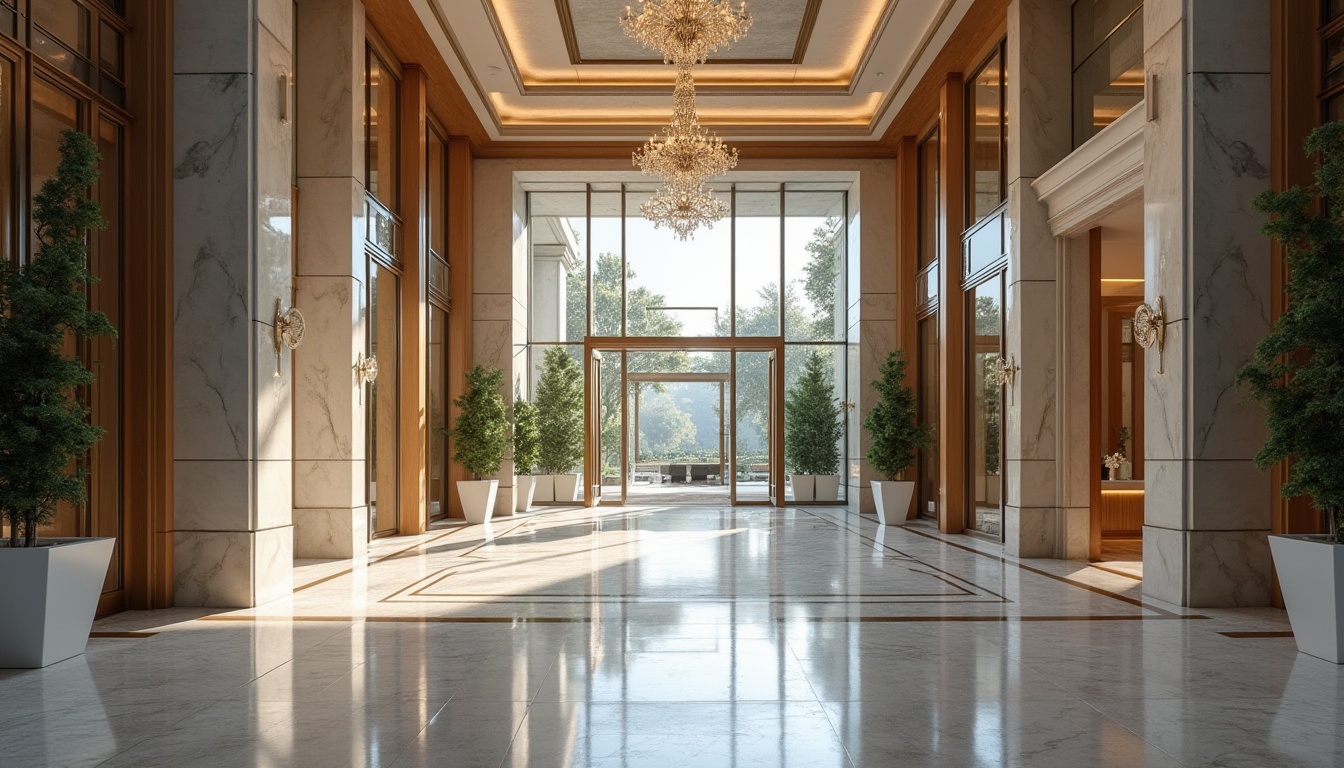 Prompt: Grand entrance, ornate details, symmetrical composition, marble columns, luxurious materials, sleek metal frames, floor-to-ceiling windows, cantilevered rooflines, modernist architecture, neutral color palette, subtle textures, warm ambient lighting, shallow depth of field, 3/4 composition, panoramic view, realistic reflections, high-contrast rendering.