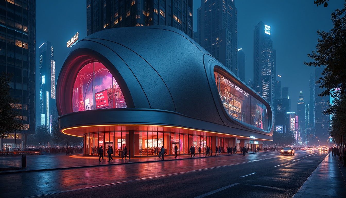 Prompt: Futuristic cinema complex, sleek metallic facade, neon light installations, LED screens, high-tech audiovisual systems, 3D projection mapping, curved lines, angular shapes, minimalist design, dark tone color scheme, cityscape backdrop, bustling urban streets, vibrant nightlife atmosphere, shallow depth of field, cinematic composition, realistic reflections, ambient occlusion.